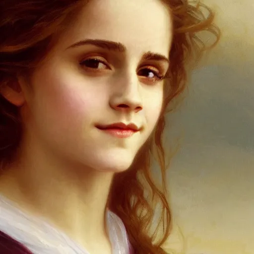 Image similar to Painting of Emma Watson as Hermione Granger. Wearing a golden H necklace. Smiling. Happy. Cheerful. Art by william adolphe bouguereau. During golden hour. Extremely detailed. Beautiful. 4K. Award winning.