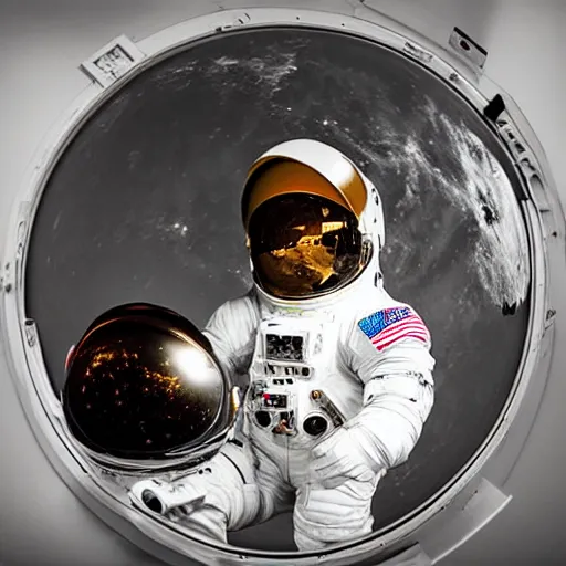 Image similar to “dark skinned astronaut wearing translucent helmet waving at the international space station nigerian woman facial features highly detailed professional photography 400mm fisheye in the style of Edward hooper”