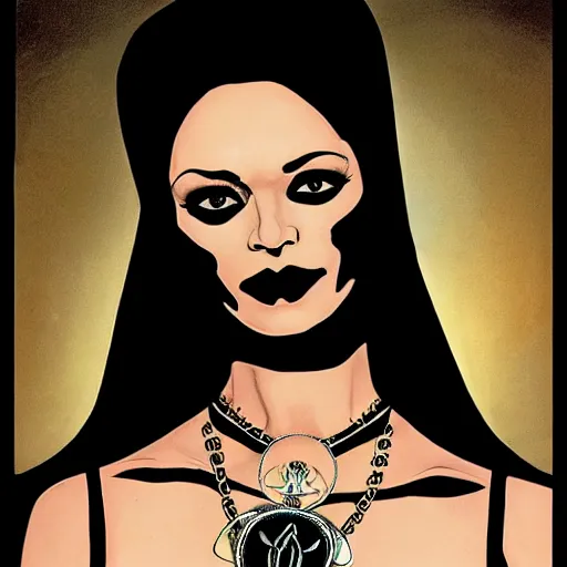 Image similar to thandiwe newton as the comic book character, death, a young and beautiful pale goth girl wearing a black vest and black punk hair, an ankh medallion hangs around her neck. dramatic makeup, the actress thandiwe newton, portrait by joshua middleton and coles phillips, kandinsky, egyptian iconography, film noir