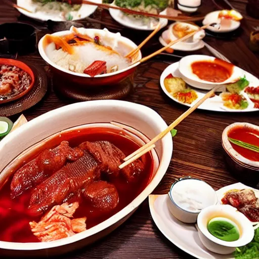 Prompt: high - end hot pot restaurant serving chinese dragon meat