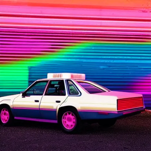 Prompt: a synthwave 1980s car being cool