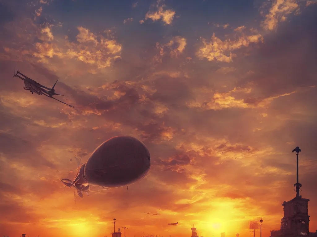 Image similar to streets of delhi, sunset, airship in the sky, clear skies in the distance, hyperreal, artstation