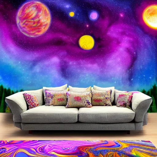 Image similar to psychedelic trippy couch pine forest planets milky way sofa by tim white