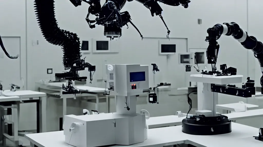 Image similar to a complex bifurcated robotic cnc surgical arm hybrid mri 3 d printer machine making black and white ceramic mutant forms in the laboratory inspection room, film still from the movie directed by denis villeneuve with art direction by salvador dali, wide lens