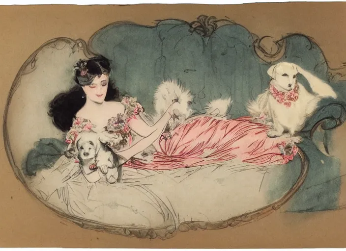 Image similar to Louis Icart, an old elaborate colored drawing of a woman laying eloquently on a sofa holding a puppy, wearing flowing dress with floral motifs, by Louis Icart, highly detailed, masterpiece