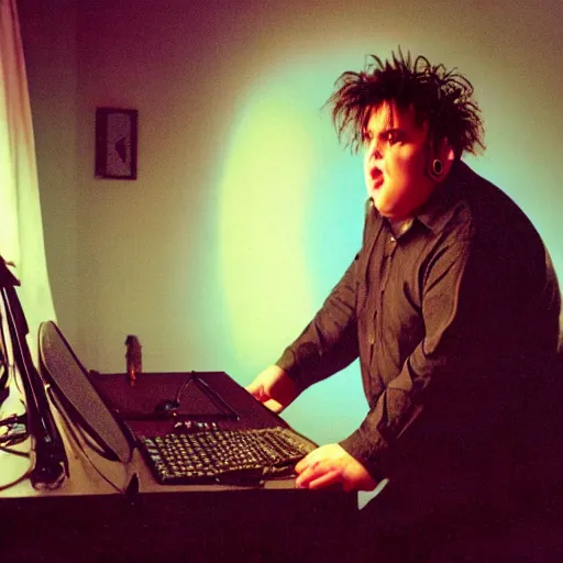 Image similar to obese Robert Smith wearing a headset yelling at his monitor while playing WoW highly detailed wide angle lens 10:9 aspect ration award winning photography by David Lynch