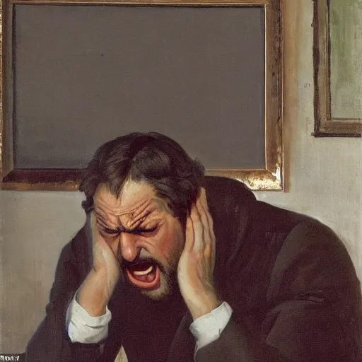 Image similar to an angry man yells at his computer monitor, oil on canvas, 1 8 8 3, highly detailed