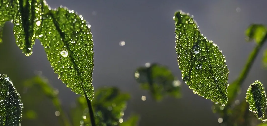 Image similar to “ a world of dew and within every dewdrop a world of struggle, dramatic backlit lighting, incredible reflections, macro ”