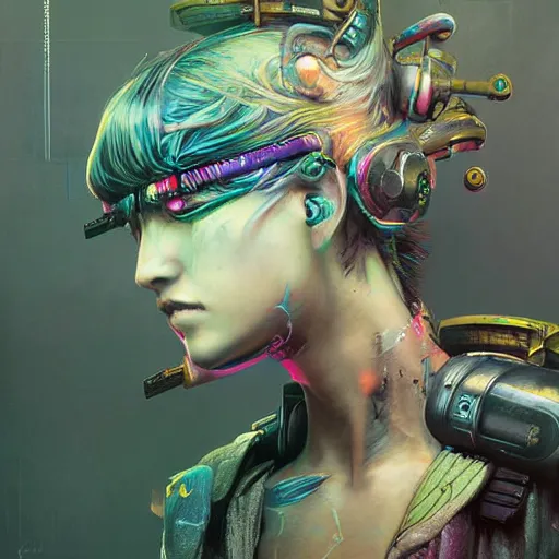 Image similar to cyberpunk geisha warrior by cy Twombly and BASTIEN LECOUFFE DEHARME, iridescent fractal, high tech