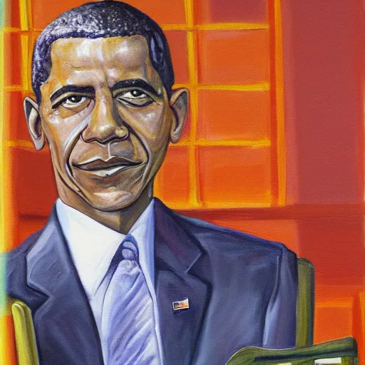 Prompt: a painting by Okeke Chukwuka Francis of Barak Obama sitting in a chair