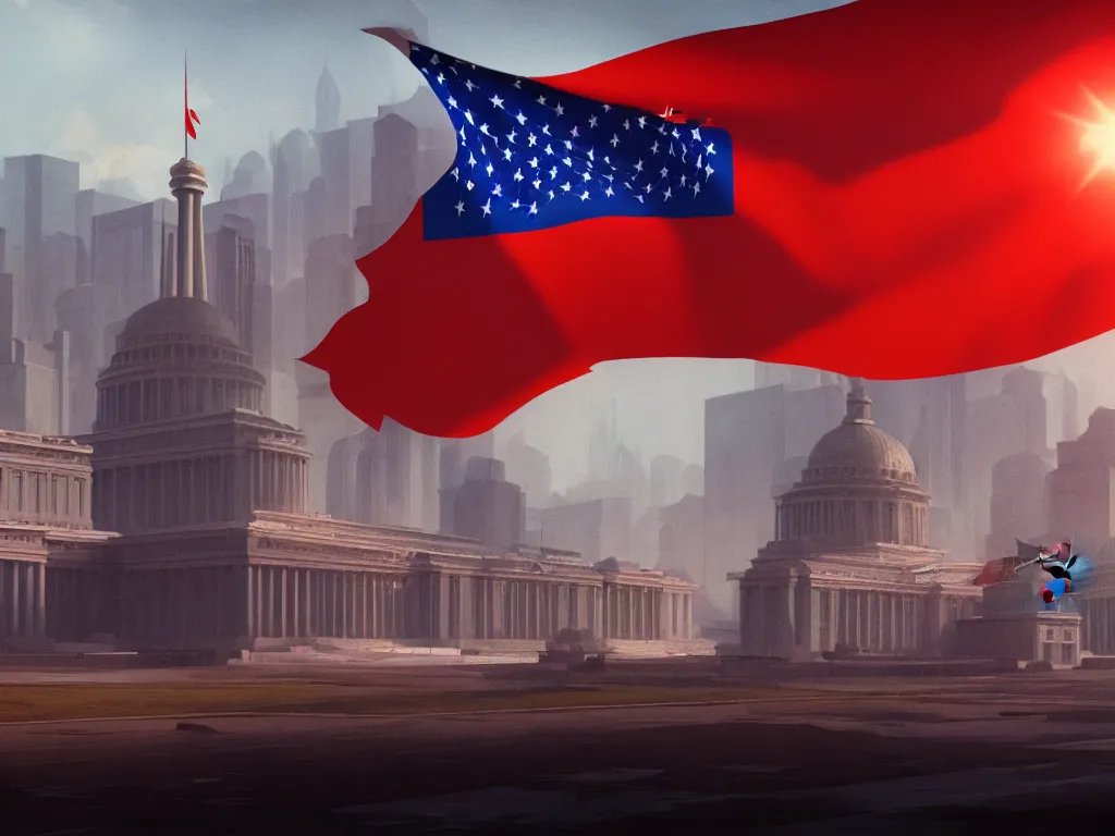 Image similar to landscape matte painting by fan wennan. communist american future capitol shining in the sun after the triumph of socialism in america, highly detailed, artstation, 8 k, photorealistic, hyperrealism, grounded rectangular communist governmental architecture, statue, imposing, strength, abundance. american communist party flag. america 2 0 9 8