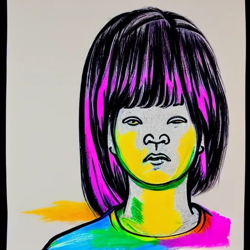 Prompt: ultra precise, asymmetric fineliner drawing of a chinese prisoner. three colour ink marker pen on rainbow spattered glossy paper. bold lines, gallery quality