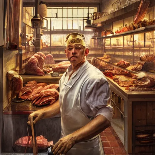 Prompt: Portrait of a butcher at his butcher shop, digital painting, artstation, concept art, donato giancola, Joseph Christian Leyendecker, WLOP, Boris Vallejo, Breathtaking, 8k resolution, extremely detailed, beautiful, establishing shot, artistic, hyperrealistic, octane render, cinematic lighting, dramatic lighting, masterpiece, light brazen, extremely detailed and beautiful face