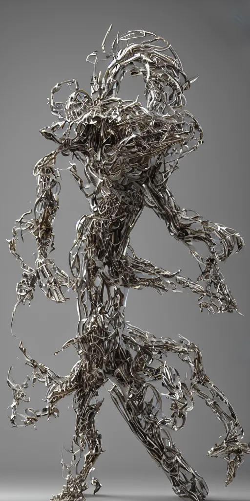 Image similar to 3 d render of an organic sculpture, chrometype, liquid metal, neotribal, raytraced, volumetric lightning, 8 k, by yhelong xu and innate studio