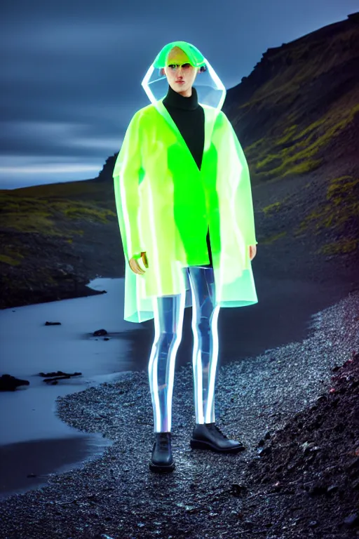 Image similar to an ultra high definition professional high fashion portrait studio full length photograph of a model wearing a transparent pearlescent raincoat and neon visor in an icelandic black rock environment at dawn. no artefacts. extremely detailed. stark. refraction. shallow depth of field. volumetric light and shadow. ray tracing. light rays.