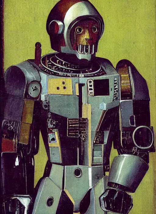 Prompt: a portrait of ED209 by Jan van Eyck