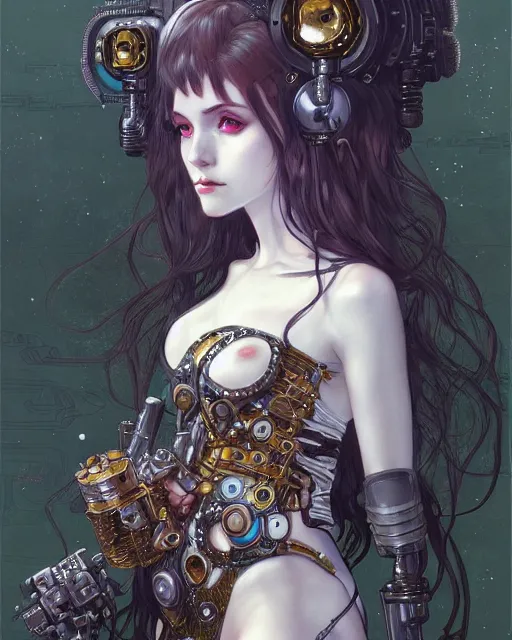 Image similar to portrait of cute beautiful young gothic maiden, cyberpunk, Warhammer, highly detailed, artstation, illustration, art by Gustav Klimt and Range Murata