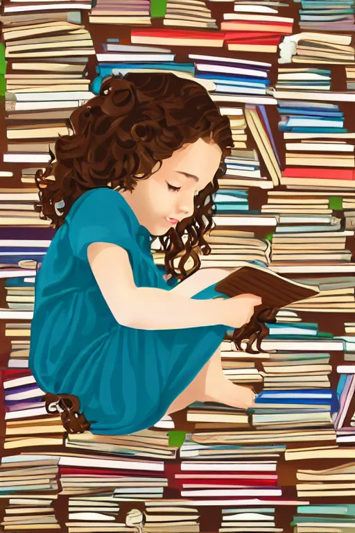 Prompt: a little girl with wavy curly light brown hair sits on a tall pile of books. she is reading. clean pretty cartoon painting, beautiful detailed face.