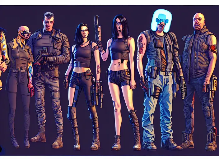 Prompt: cyberpunk cartel kill squad. portrait by stonehouse and mœbius and will eisner and gil elvgren and pixar. character design. realistic proportions. cyberpunk 2 0 7 7 character art, blade runner 2 0 4 9 concept art. cel shading. attractive face. thick lines. the team. diverse characters. shadowrun. artstationhq.