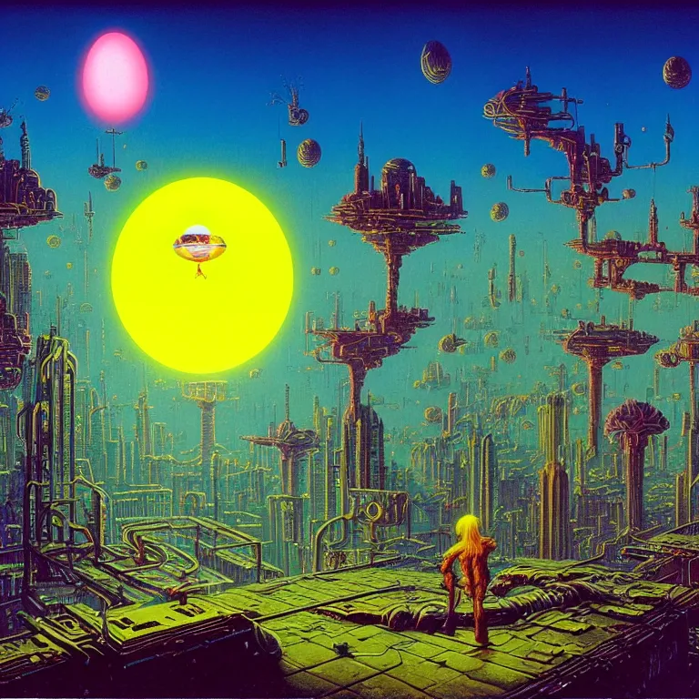 Image similar to mystical shimmering egg floats over post - apocalyptic city, synthwave, bright neon colors, highly detailed, cinematic, tim white, roger dean, michael whelan, caza, bob eggleton, philippe druillet, vladimir kush, kubrick, alfred kelsner, vallejo