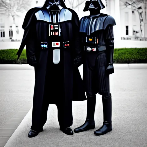 Prompt: Darth vader holding hands with donald trump near the white house, 8k, photorealistic