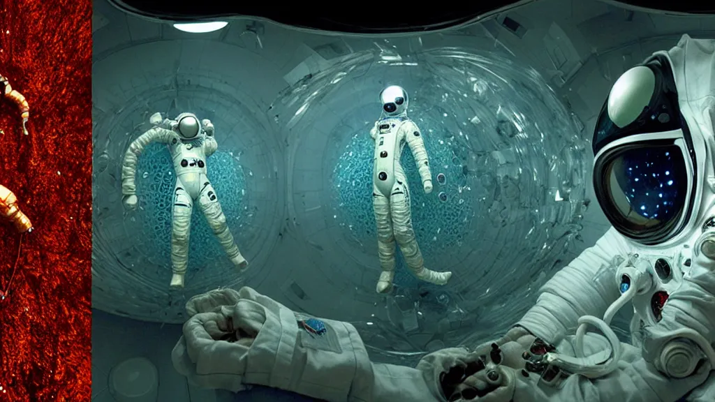 Image similar to a cybernetic symbiosis of a single astronaut eva suit swimming in infected with diamond 3d fractal lace iridescent bubble 3d skin covered with insectoid compound eye camera lenses floats through the living room, film still from the movie directed by Denis Villeneuve with art direction by Salvador Dalí, wide lens,