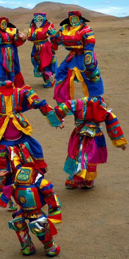 Image similar to extremely happy dancing andean robots