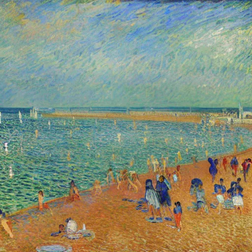 Prompt: modern people swimming and paddling in the sea at brighton uk the sunlight catches the waves, sparkling and glistens, glittering, near the beach on a hot sunny day painted monet and van gogh painterly style