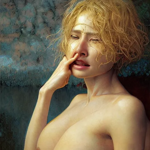 Image similar to epic masterpiece full body portrait a beautiful 7 months pregnant woman crying in shame, beautiful face and flawless skin, by Edgar Maxence and Ross Tran and Michael Whelan