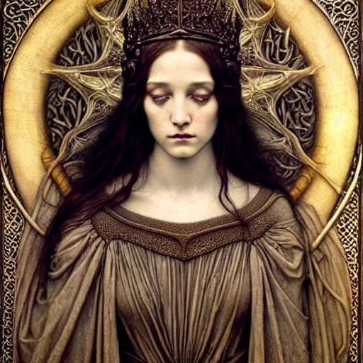 Image similar to detailed realistic beautiful young medieval queen face portrait by jean delville, tom bagshaw, brooke shaden, gustave dore and marco mazzoni, art nouveau, symbolist, visionary, gothic, pre - raphaelite, ornate gilded medieval icon, surreality, ethereal, unearthly, haunting, celestial, neo - gothic, ghostly, memento mori, nightmare