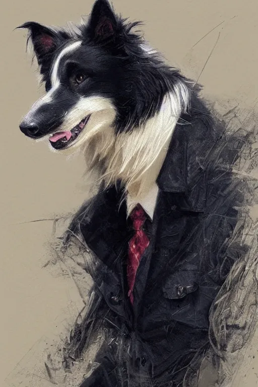 Image similar to portrait of a cute male anthro border collie fursona wearing a suit. by henry asencio, jon foster, and ross tran. intricate, highly detailed, concept art, illustration, furry, glamor pose, elegant, aesthetic, beautiful, trending on artstation
