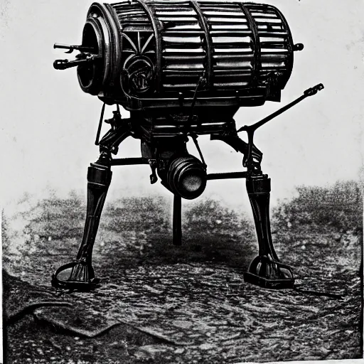 Image similar to a photograph from 1890 of mechwarrior made out of a cast iron potbelly stove