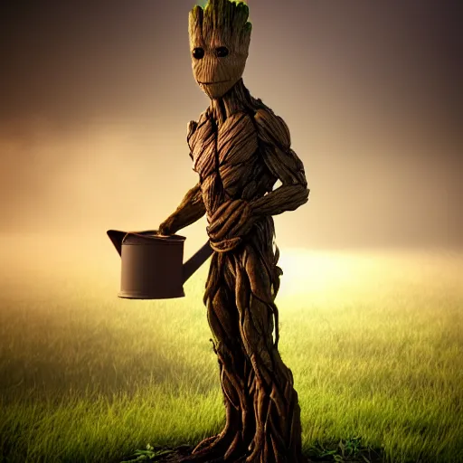 Image similar to photorealistic shot of Groot watering The earth with a watering can, octane render, unreal engine 4k, volumetric light, fog, detailed,