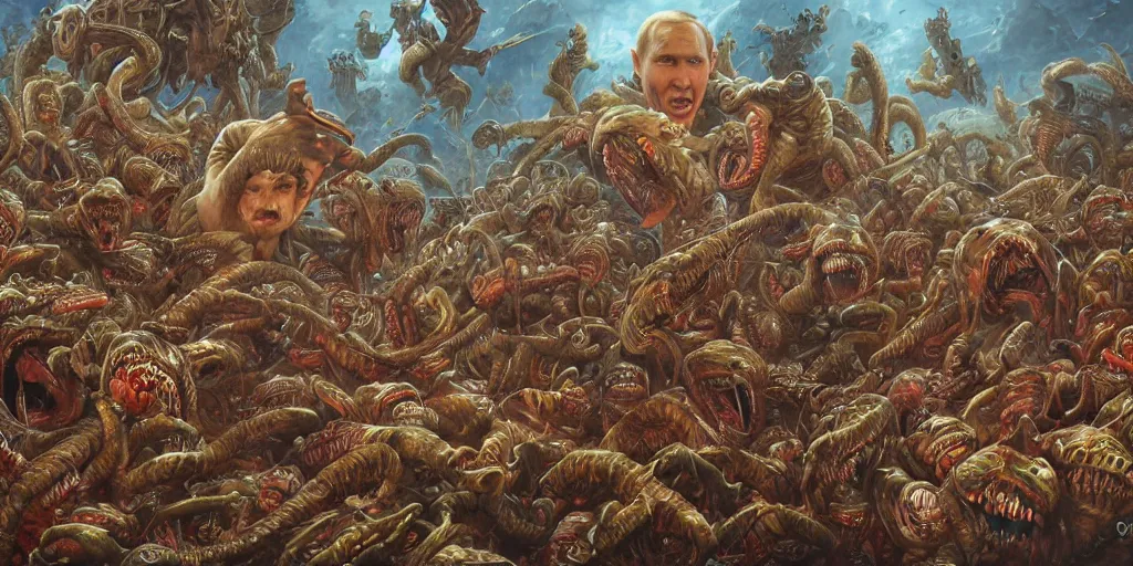 Prompt: portrait of vladimir putin's face eating worms, on background army of zobies, by ralph horsley, photorealistic, hyperdetailed