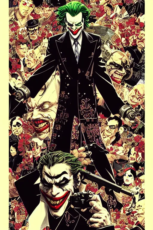 Image similar to poster of joker as a yakuza gangster, by yoichi hatakenaka, masamune shirow, josan gonzales and dan mumford, ayami kojima, takato yamamoto, barclay shaw, karol bak, yukito kishiro, highly detailed