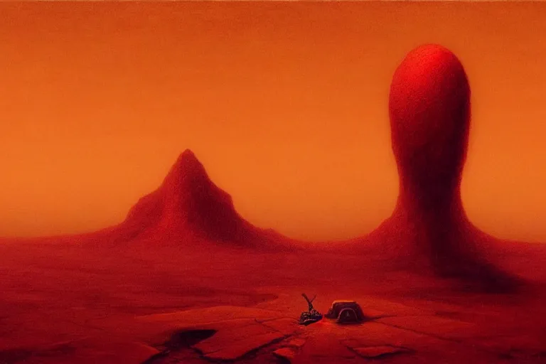 Image similar to only with red, a red god of death eat apple, a futuristic city on mars in background, an ancient path, pathos, in the style of beksinski, part by hopper, part by rodcenko, part by hofbauer, intricate composition, red by caravaggio, insanely quality, highly detailed, masterpiece, red light, artstation