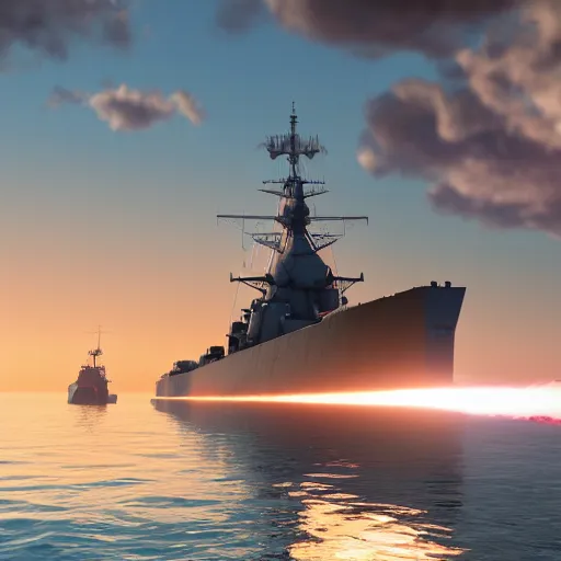 Prompt: A warships are at sea, and several missiles are fired into the distance, drawing a beautiful arc in the blue sky. Realistic CG 8K, cinematic, artstation art.