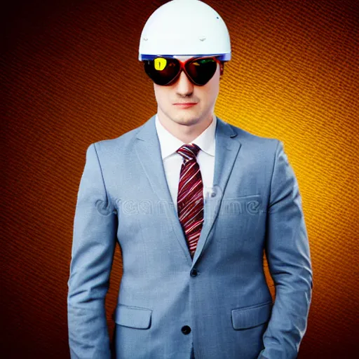 Prompt: man wearing a cone helmet, pilot glasses and a luxury suit, realistic, hdr, stock image,