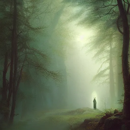 Image similar to a beautiful painting of a sacred pathway in a mysterious forest, serene landscape, by ivan aivazovsky, trending on artstation