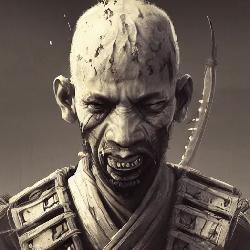 Image similar to Sickly diseased dying Samurai warrior, portrait by Cedric Peyravernay, highly detailed, excellent composition, cinematic concept art, dramatic lighting, trending on ArtStation