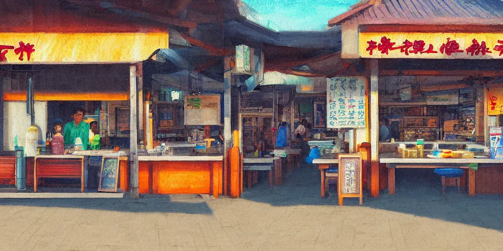 Prompt: interior of a small kopitiam at pulau indah fishing village, near a jetty, early morning, detailed ultrarealisitic painting, low angle view, telephoto lens, bokeh, studio ghibli, artstation