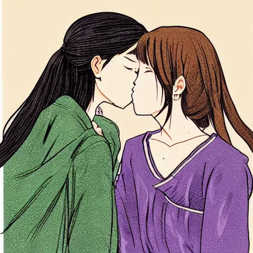 Image similar to portrait of two girls kissing, detailed manga art