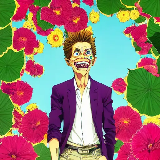 Image similar to willem dafoe, grinning, wearing a suit, posing, portrait surrounded by hibiscus flowers, jojo cover art, jojo anime style, david production, style of vento aureo cover art, style of stone ocean cover art, style of steel ball run cover art, style of jojolion cover art, ilya kuvshinov style, illustrated by hirohiko araki