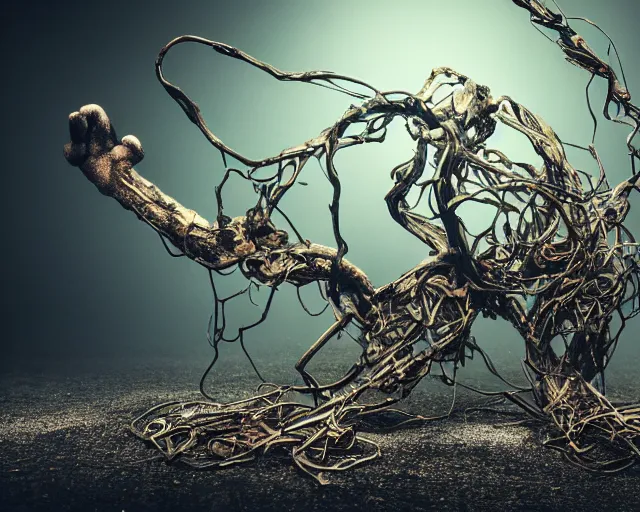 Prompt: metal complex machine creature, tree roots strangled, glass debris pieces, dust particles, dramatic lighting, electronic wires, fire sparks, high resolution photo,