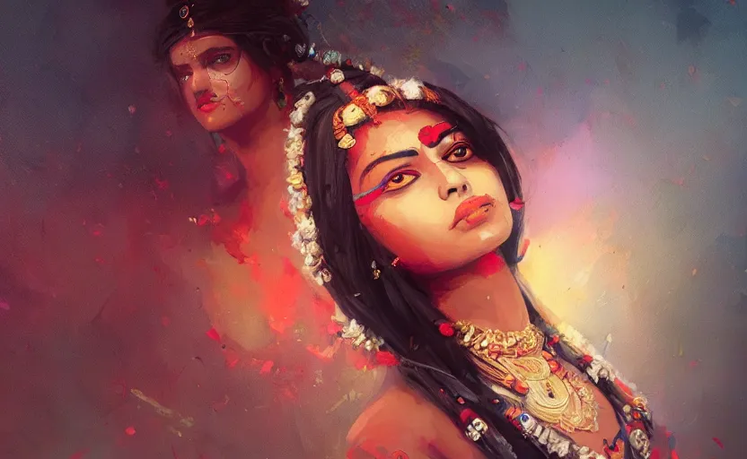 Prompt: a painting of a beautiful indian woman trending on artstation in the style of greg rutkowski