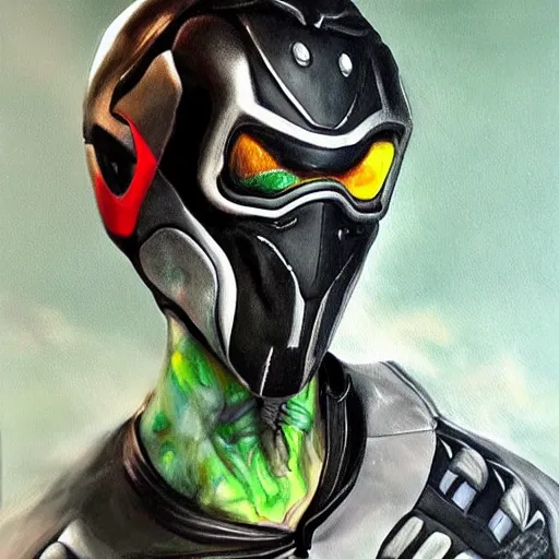 Image similar to a realistic painting by Raffaello Sanzi depicting the Kamen Rider Black with the head of the symbiotic Zombie in the Renaissance,smooth,Sharp focus, trending on Artstation.