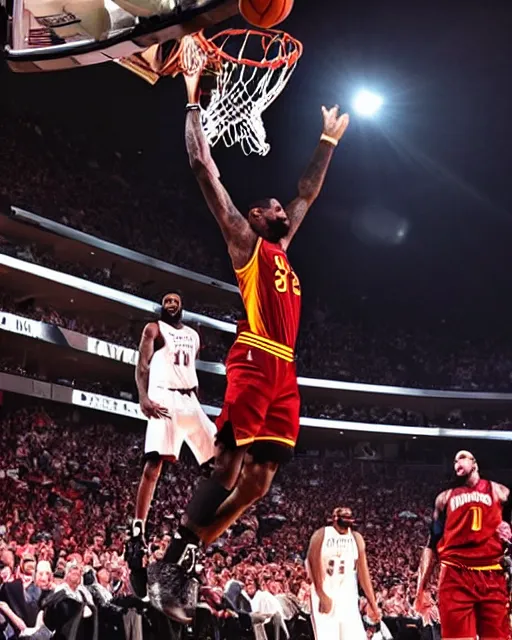 Prompt: LeBron James dunking a basketball at the NBA final, dramatic lighting, dramatic angle, painted by michaelangelo