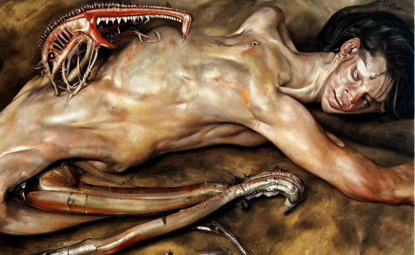 Image similar to high quality high detail painting by lucian freud and frank frazetta and jenny saville, hd, xenomorph, muted colors, cinematic