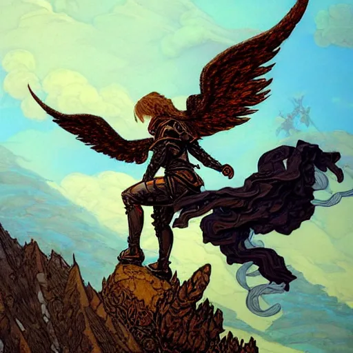Prompt: painting of a fallen angel paladin with big burnt wings reaching the summit of a haunted mountain, sharp focus, award - winning, trending on artstation, masterpiece, highly detailed, intricate. art by rebecca guay