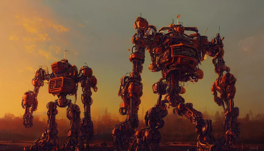 Image similar to an intricate oil painting of a giant scrap metal anime mecha with by simon stalenhag, golden hour